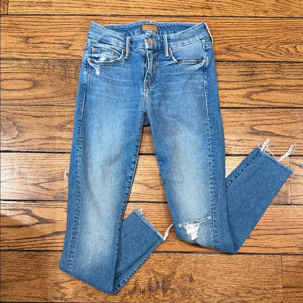MOTHER Blue Washed High-Rise Skinny Looker Jeans